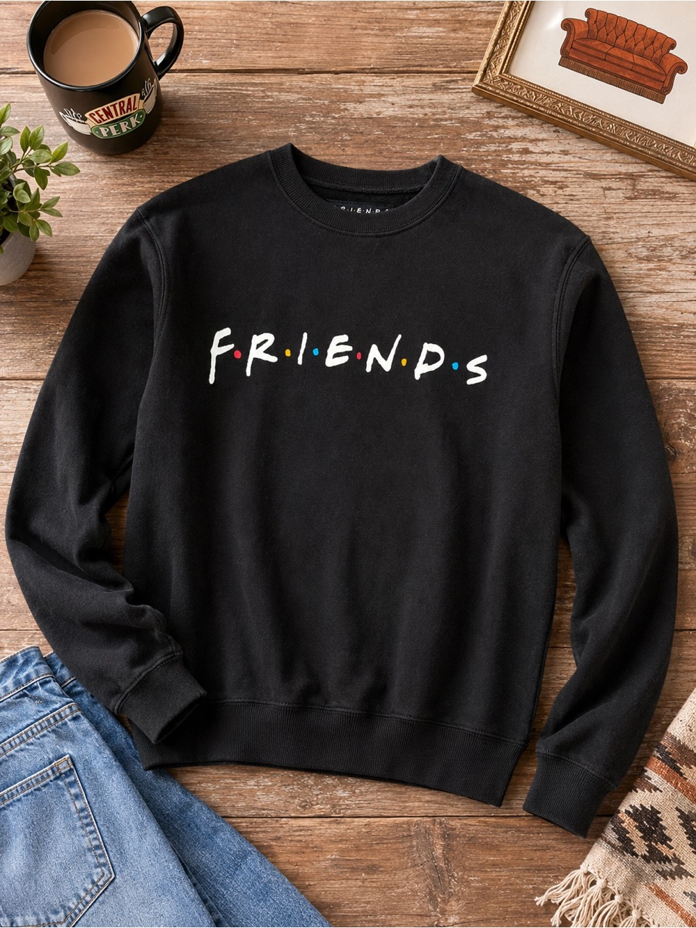 Friends TV Series Logo Black Crewneck Sweatshirt XS Graphic Pullover